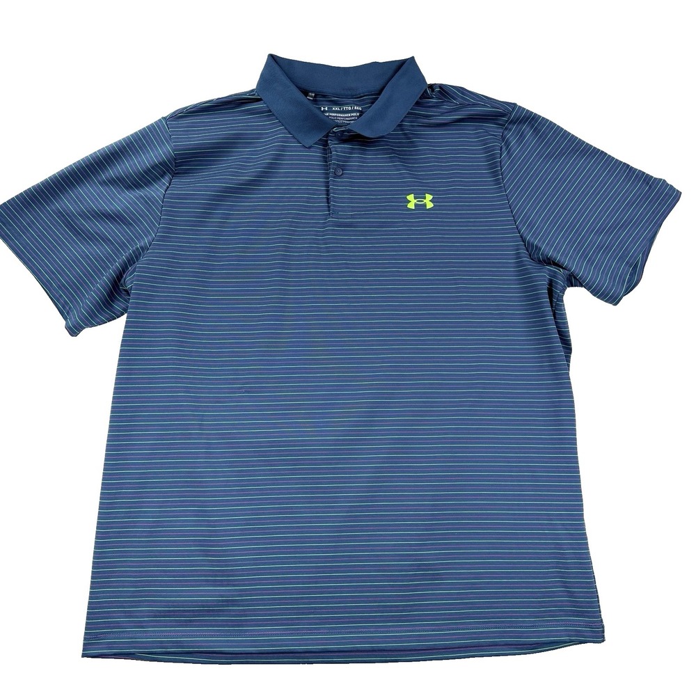 Mens Under Armour The Performance Polo Shirt Golf Navy Blue Striped 2XL Stretch